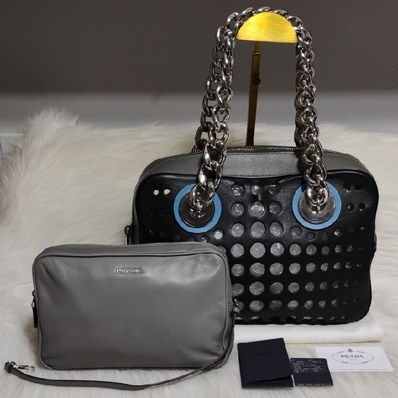 Prada Handbags - Prada City Fori Black Leather Perforated Chain Shoulder Bag W Pouch/Dust Bag